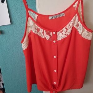 Chloe K orange tank with white lace and knot front